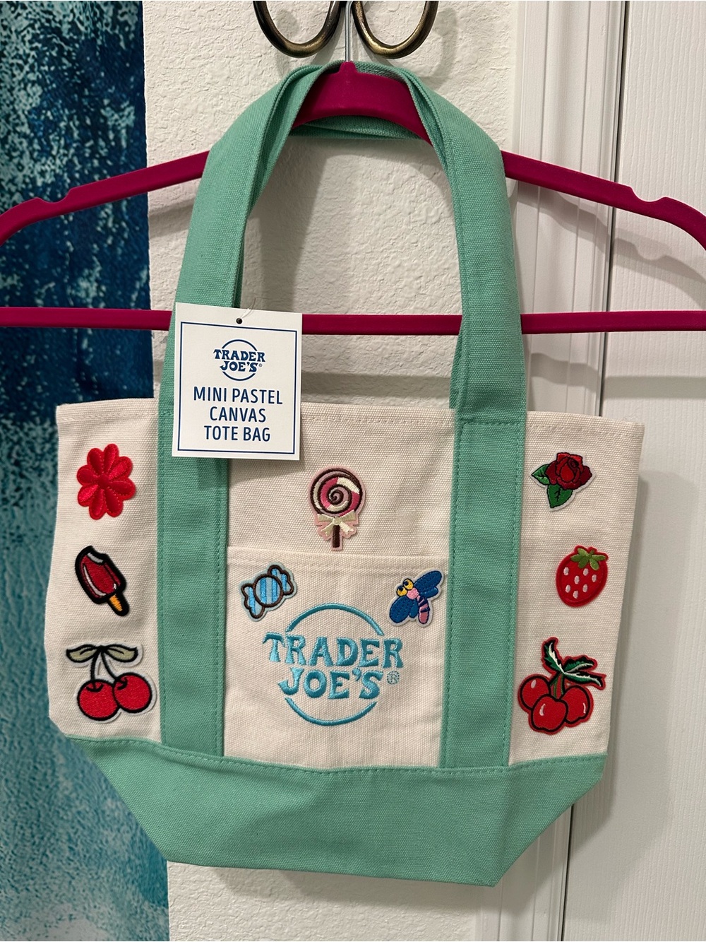 Limited Trader Joe's Mini Pastel Canvas Tote Bag with cute design - Mint Handles